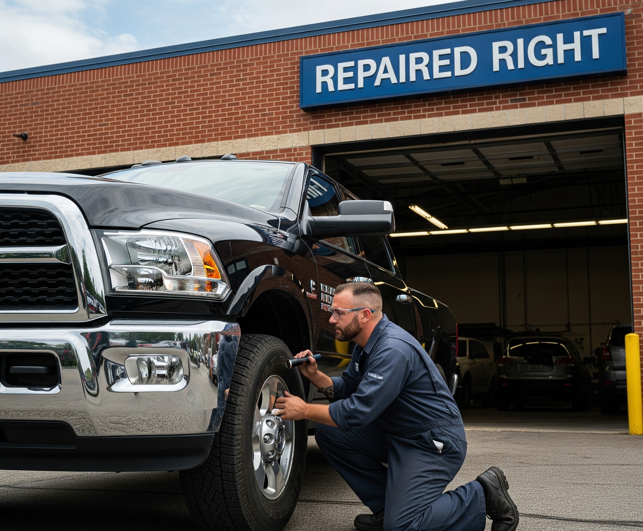 A professional mechanic performing a post-repair vehicle inspection